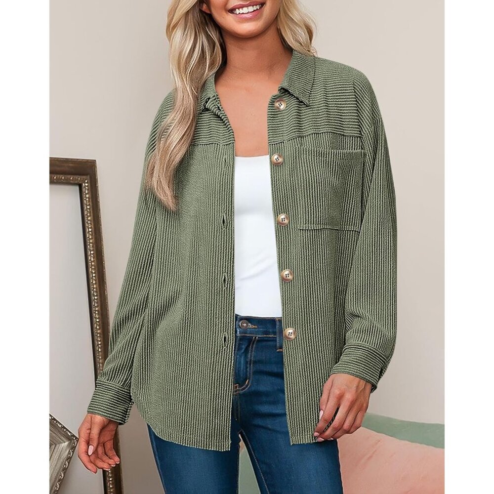 Women's Oversized Button Down Shacket Shirt Long Sleeve Fall Textured - Picture 4 of 8